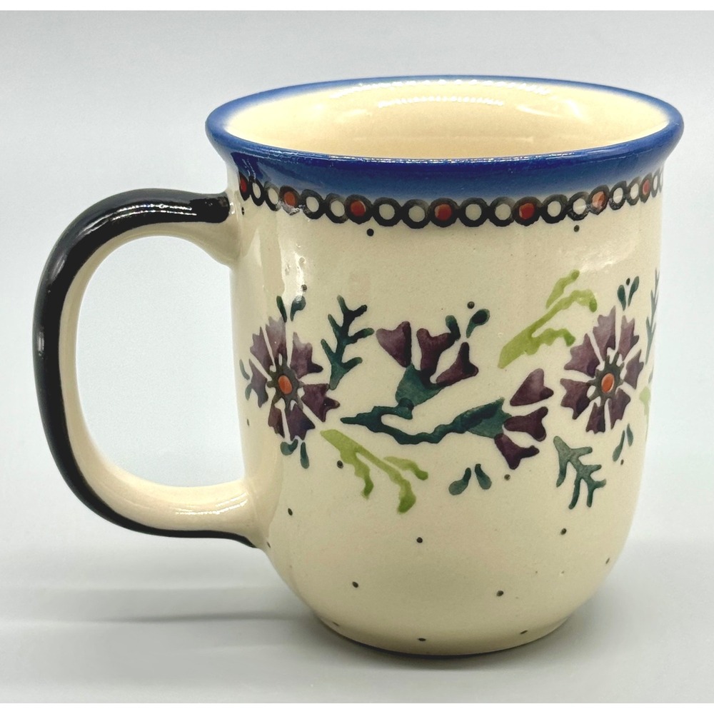 Wiza Polish Pottery Mug Purple Flowers Floral 12 oz‎ Boleslawiec